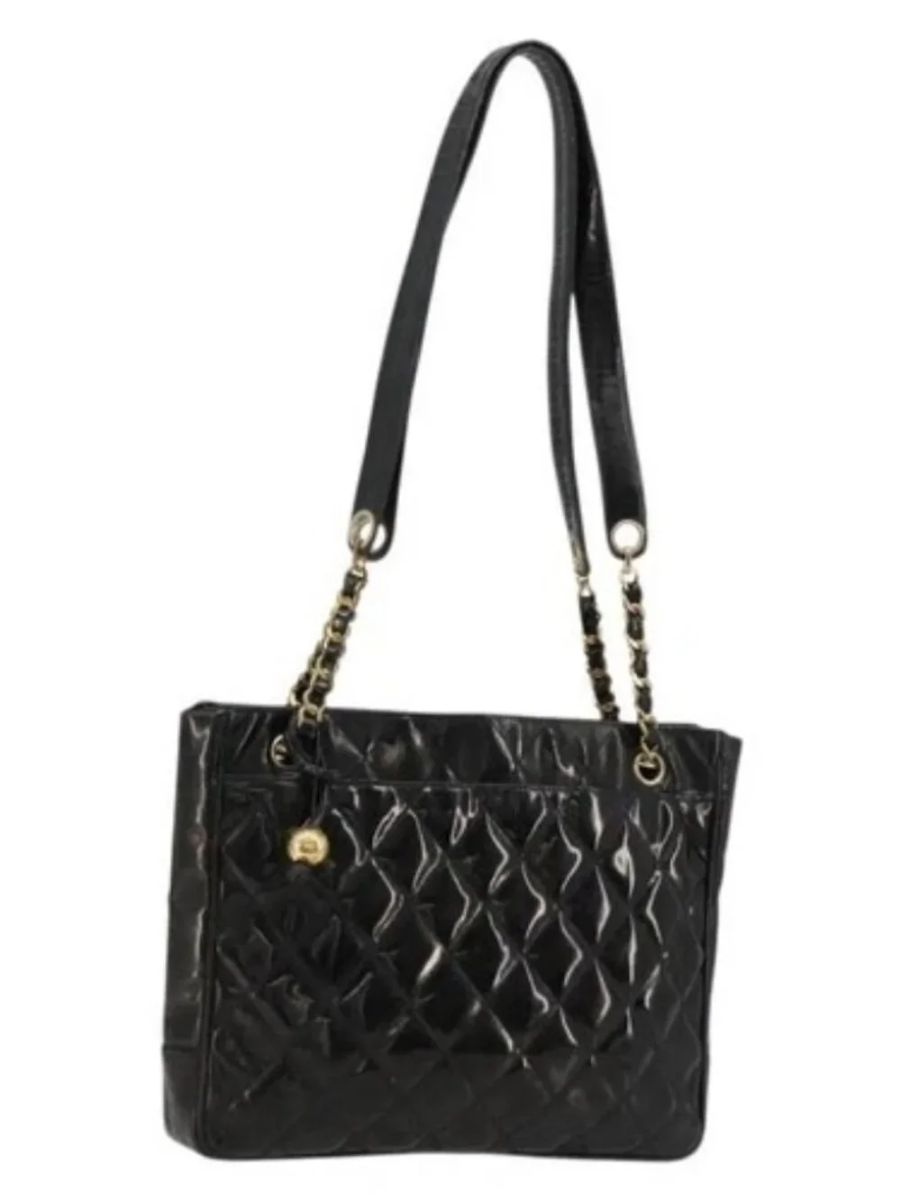 CHANEL Matelasse Chain Tote Bag Patent Leather Black Gold CC Auth bs35172